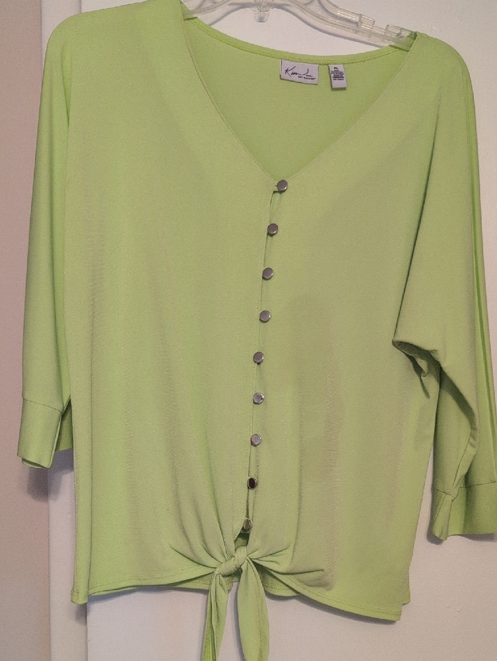 Kim Rogers Lime Button-Front Tie-Hem Blouse
